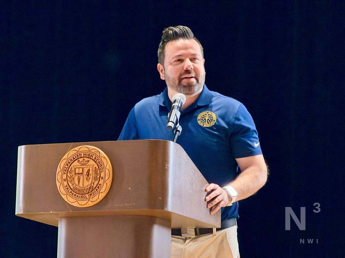 Lt. Gov. Micah Beckwith speaking at Valparaiso High School