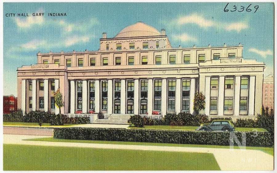Historic postcard view of Gary City Hall — context for Mayor Melton’s NIPSCO recovery push.
