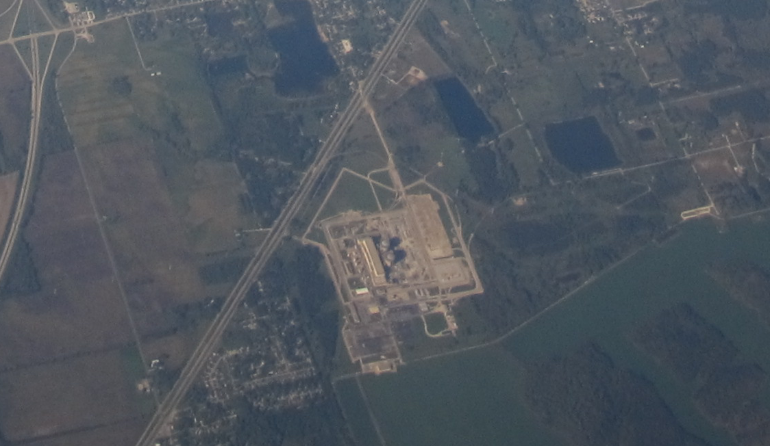 Aerial view of the Braidwood nuclear generating station with two cooling towers in Will County, Illinois