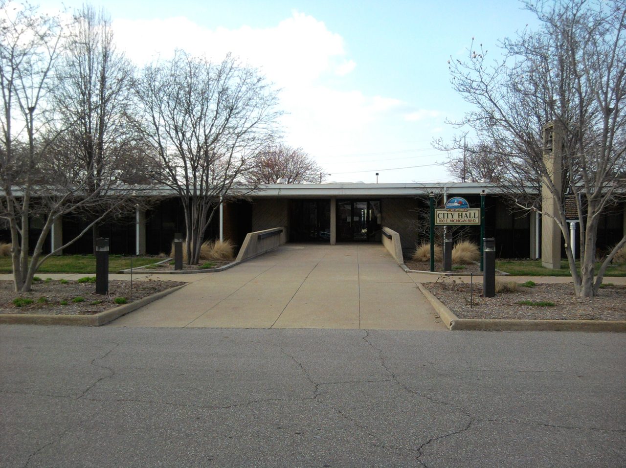Entrance walkway and sign at Michigan City City Hall, 100 E. Michigan Blvd.