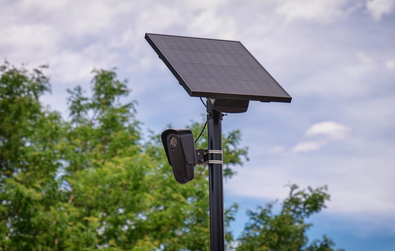 A Flock Safety license plate reader camera on a solar-powered pole. This file photo was taken in Aurora, Colorado, not Michigan City.