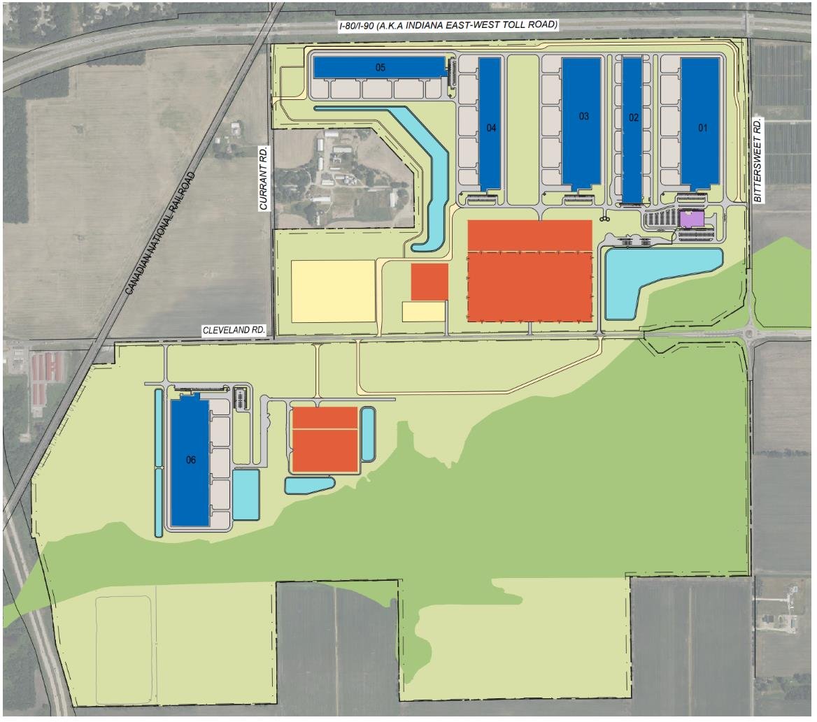 Microsoft draft conceptual rendering of site plan showing blue datacenter buildings, support structures and green buffer areas on the Granger campus