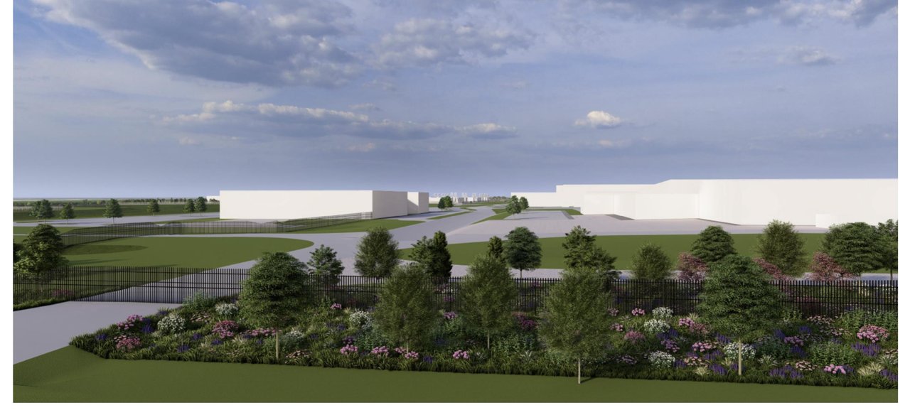 Microsoft conceptual rendering of the campus front, with a landscaped berm of trees and flowering plants screening the datacenter buildings