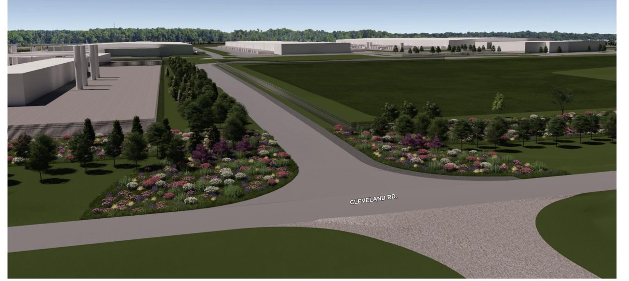 Microsoft conceptual rendering of a landscaped entrance drive curving toward datacenter buildings