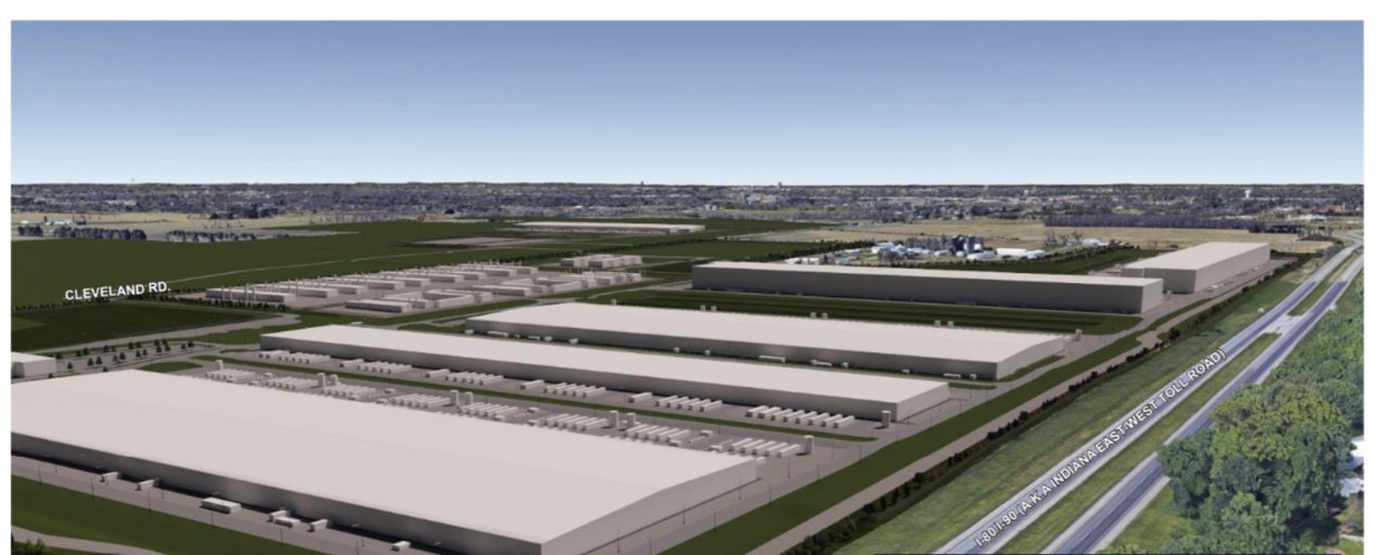 Conceptual aerial rendering of long, low white datacenter buildings beside the Indiana Toll Road, with Cleveland Road labeled in the distance