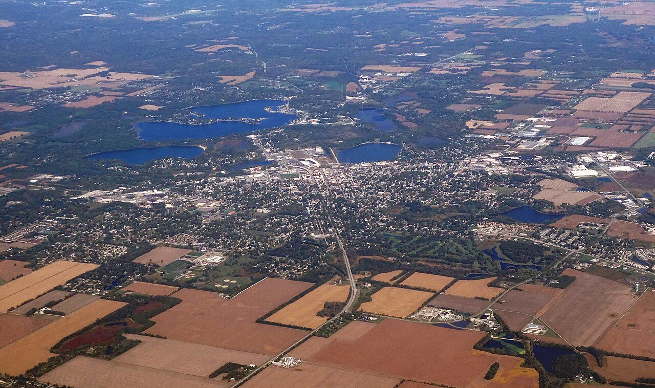 Aerial view of La Porte, Indiana, with its lakes, downtown grid and surrounding farm fields