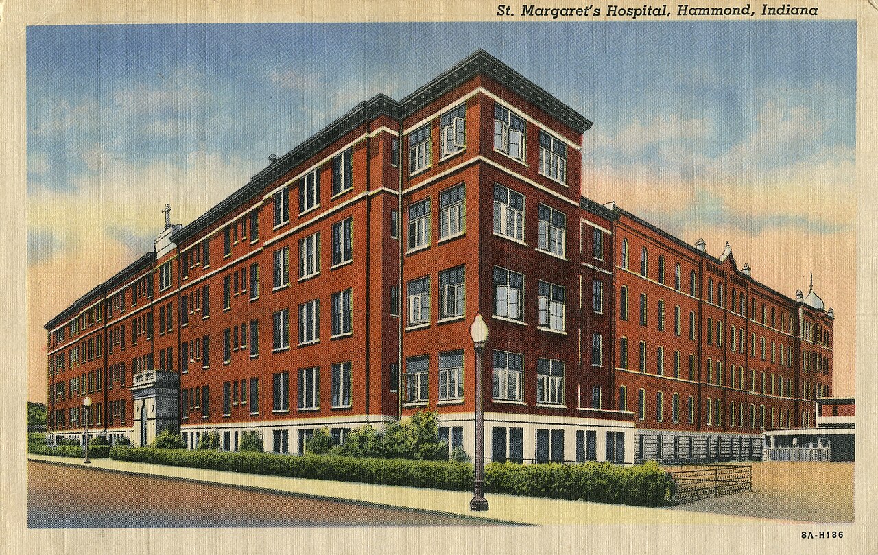 St. Margaret's Hospital in Hammond on a 1938 postcard. The hospital, later Franciscan Health Hammond, stood at 5454 Hohman Ave., the Roberts Impact Lab's address.