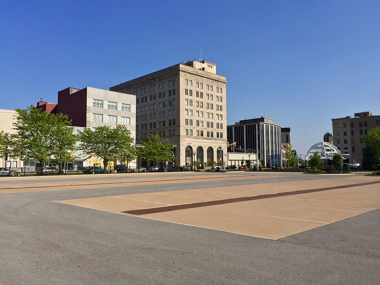 Open plaza ringed by older multistory office buildings in downtown Hammond, Indiana