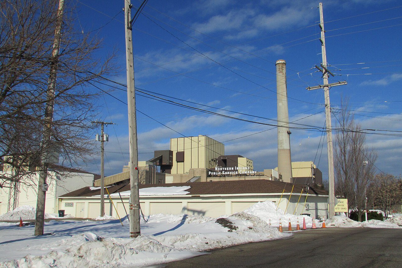 NIPSCO's Michigan City Generating Station, seen from a residential street in winter.