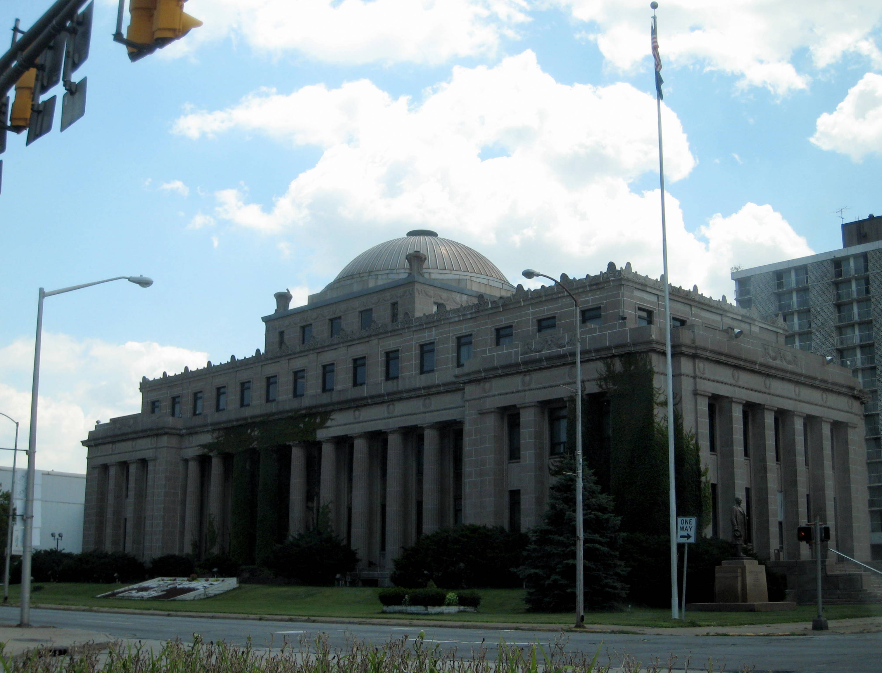 Gary City Hall, a low-rise municipal building with a flag out front in downtown Gary, Indiana