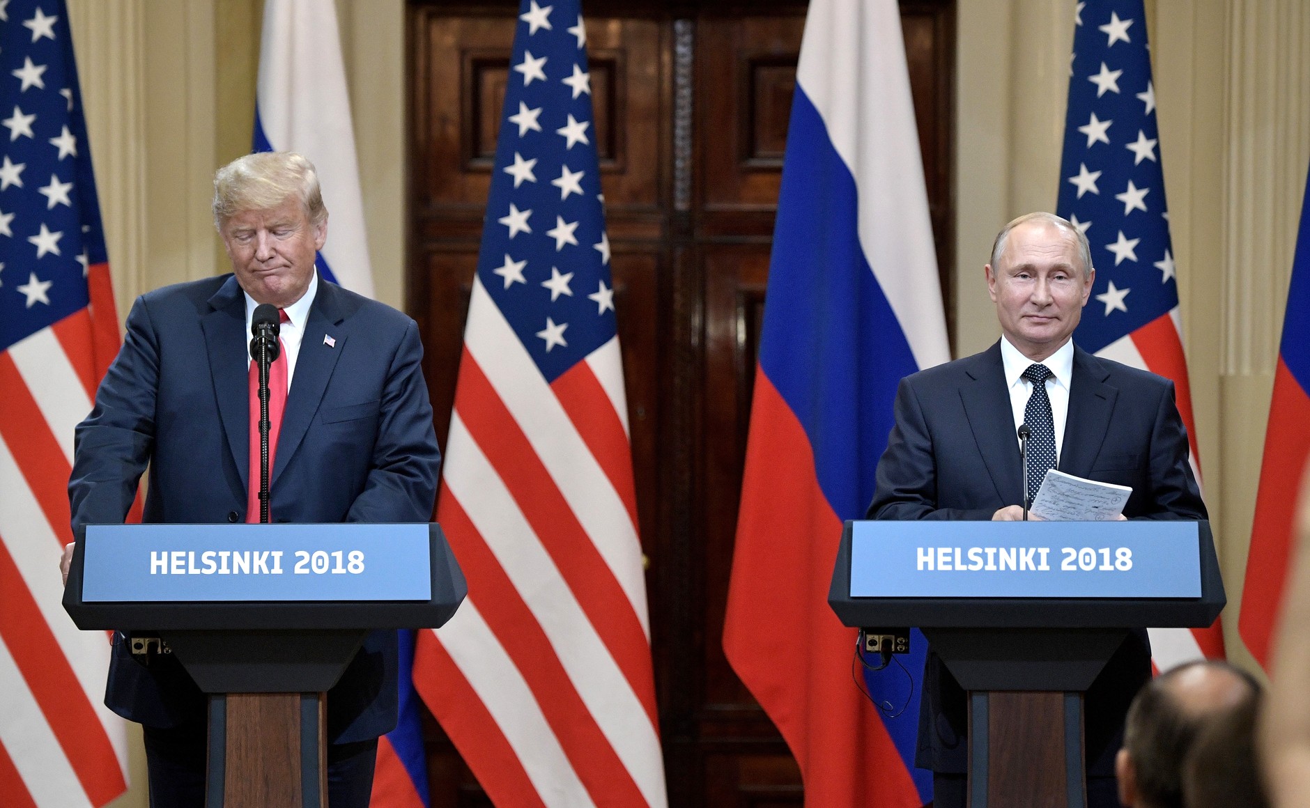 Donald Trump and Vladimir Putin at their joint press conference in Helsinki, Finland, on July 16, 2018