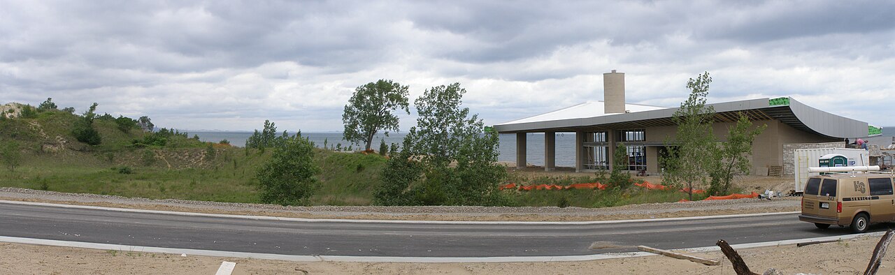 Portage Lakefront Pavilion on Lake Michigan — a Portage public-park landmark, not the Imagination Glen trail