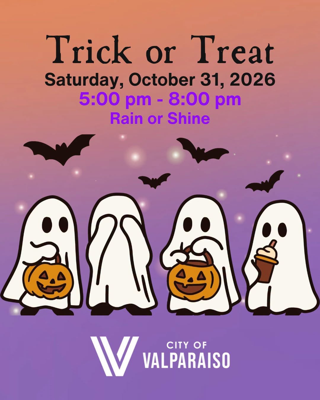 Valparaiso Halloween trick-or-treat announcement graphic shared with local radio