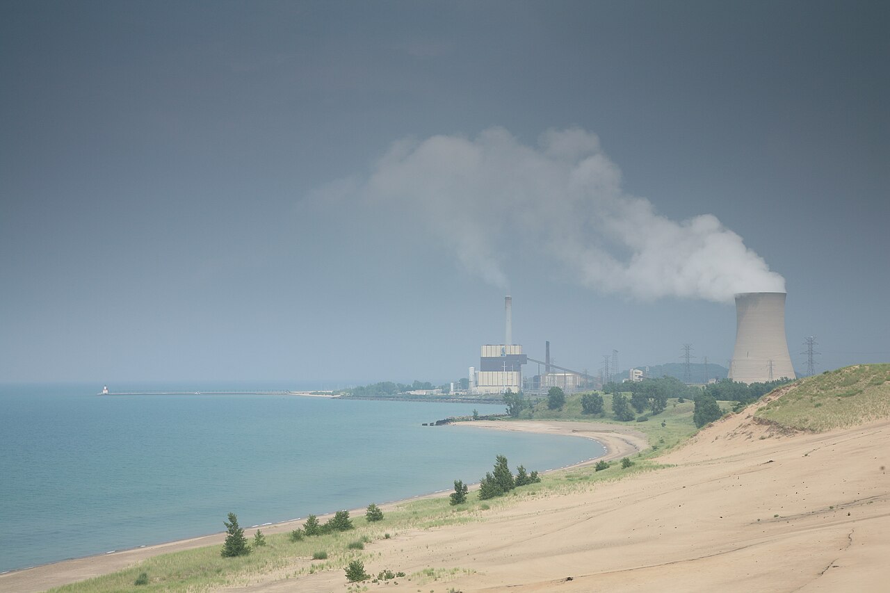Lake Michigan shoreline seen from Mount Baldy, with NIPSCO's Michigan City Generating Station in the distance