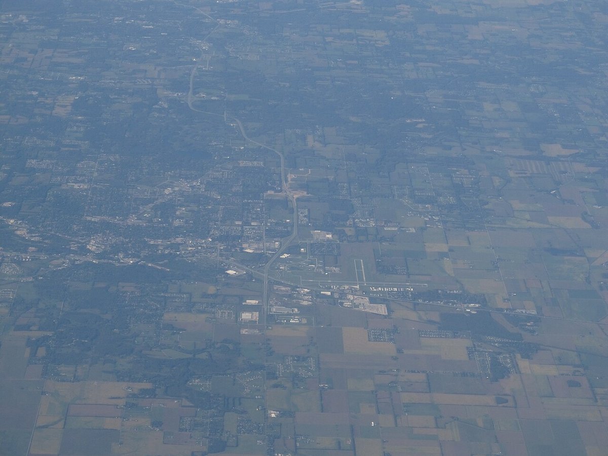 Valparaiso and the surrounding Porter County farmland, seen from the air. Illustrative.